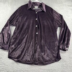 VINTAGE Velvet Blouse Womens 2x Purple Button Up Flowy Tunic Dark Academia USA‎